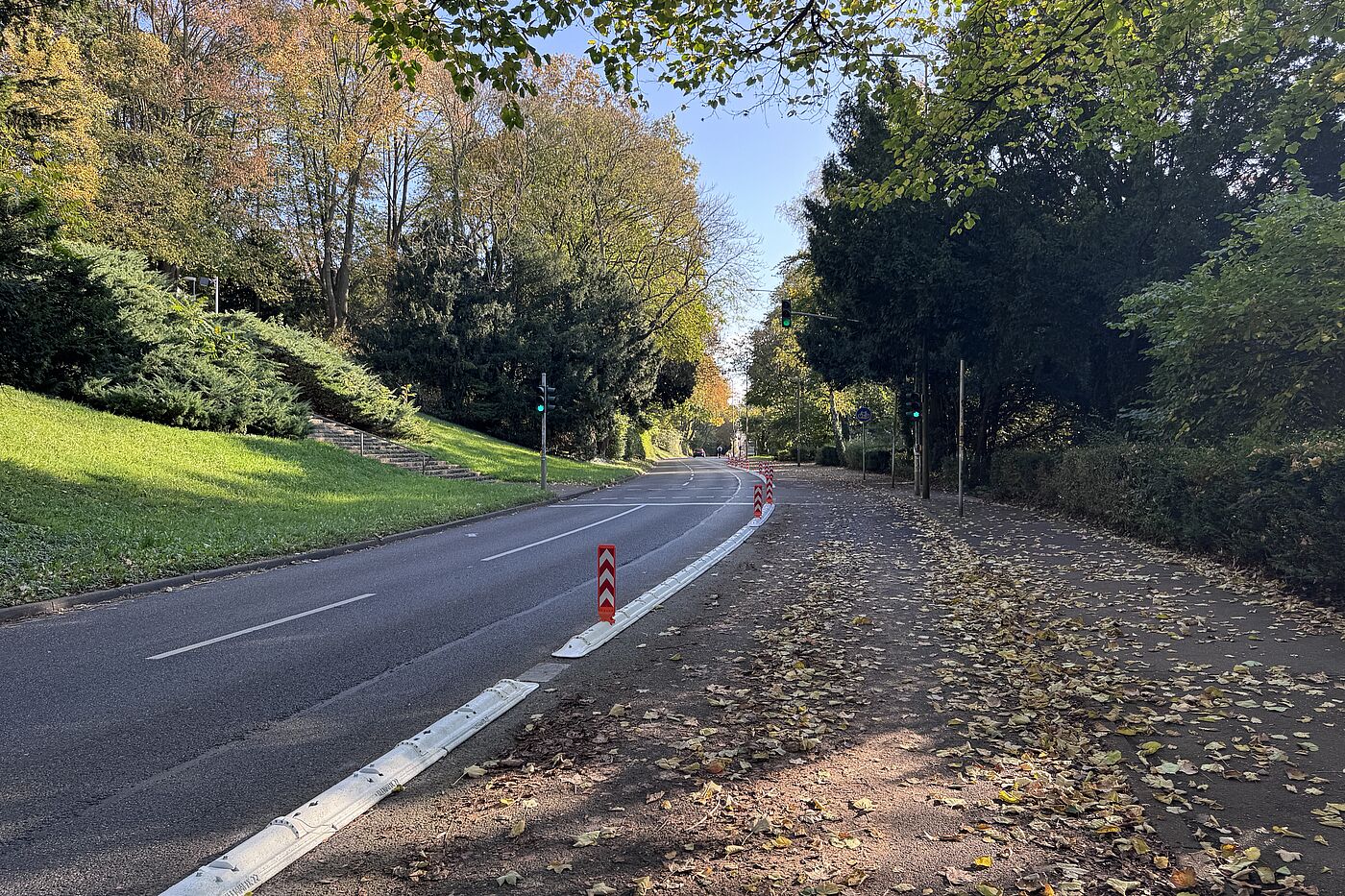 Von Laub gesäumter Radfahrstreifen auf der Saarstraße Geschützter Radfahrstreifen auf der Saarstraße, die Fahrbahn ist frei von Laub, der Radweg ist verdreckt.