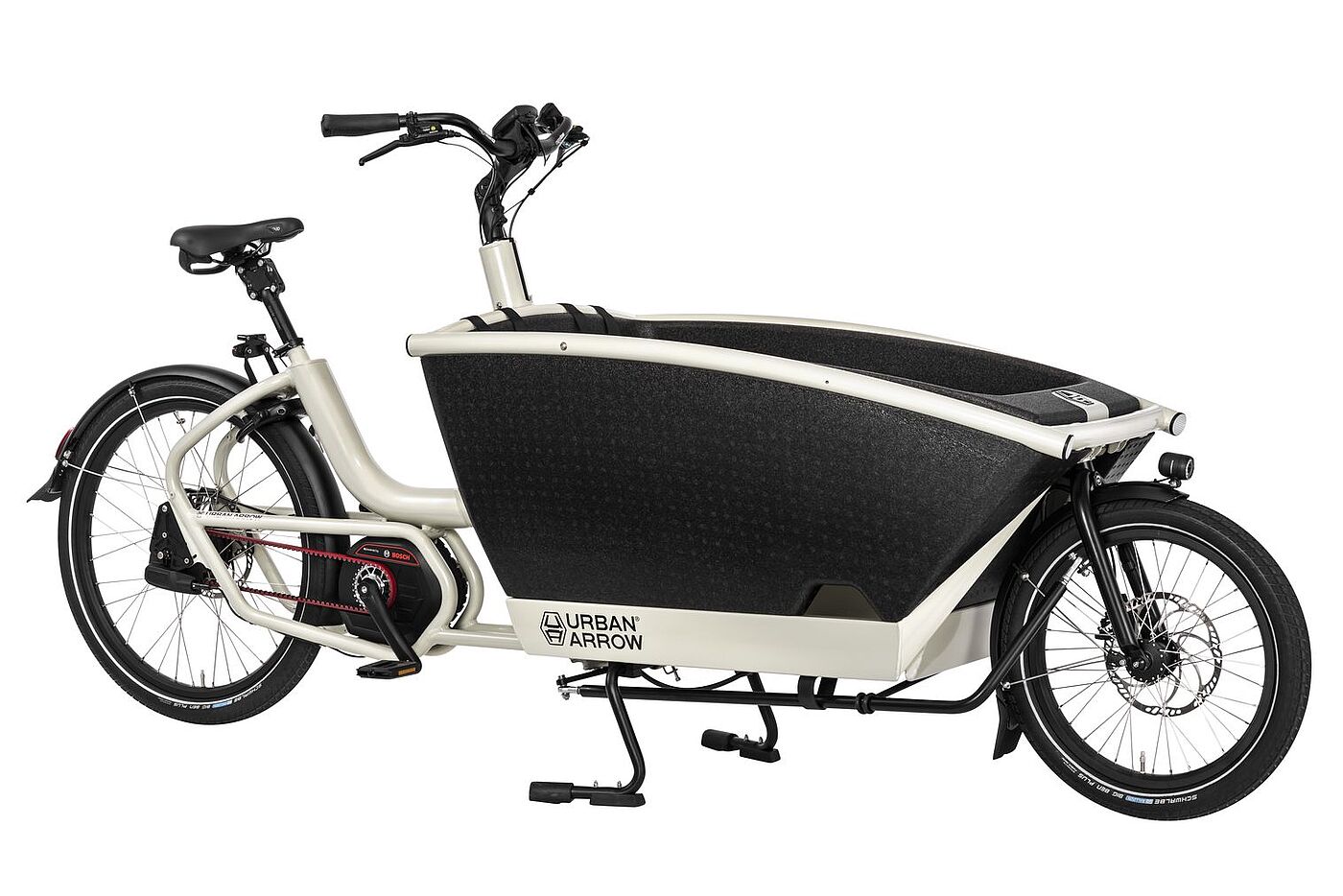 Freisteller vom Lastenrad Long John von Urban Arrow für den Transport von Kindern mit einer großen Kiste vorne